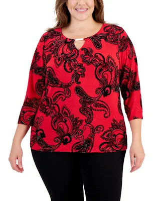 Jm Collection Plus Paisley Glitter Keyhole Top, Created for Macy's
