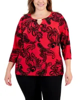 Jm Collection Plus Paisley Glitter Keyhole Top, Created for Macy's