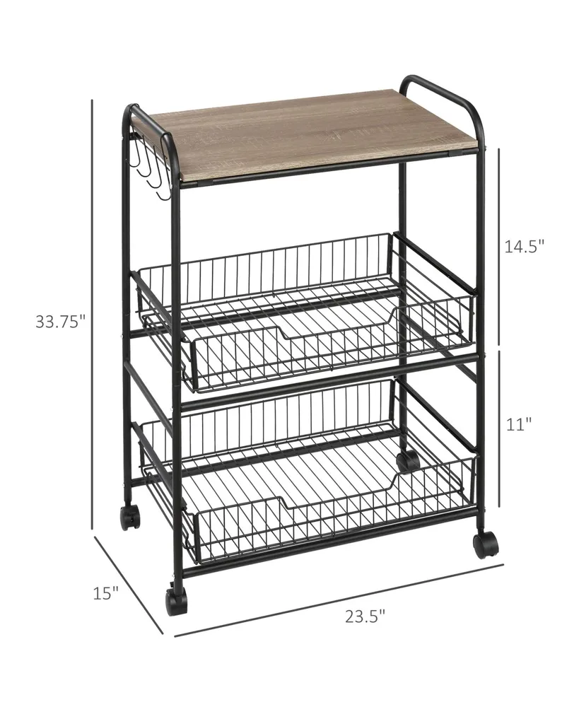 Homcom 24" 3-Tier Rolling Kitchen Cart, Utility Storage Trolley with 2 Basket Drawers, Side Hooks for Dining Room and Kitchen, Oak Wood Tone