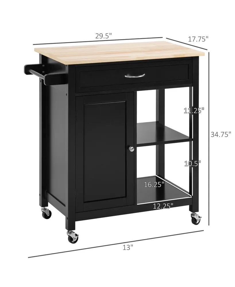 Homcom Kitchen Trolley, Wood Top Utility Cart on Wheels with Open Shelf and Storage Drawer for Dining Room, Kitchen