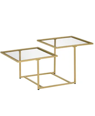 Homcom 38" 2 Glass End Table, Living Room Coffee Table w/ Metal Frame, Gold