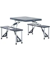 Outsunny Portable Foldable Camping Picnic Table Set with Four Chairs and Umbrella Hole, 4-Seats Aluminum Fold Up Travel Picnic Table, Grey