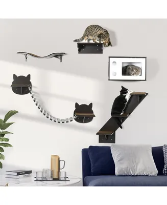 PawHut Cat Shelves with Ergonomically Curved Platform, Cozy Cat House, Bridge, Easy Stairs, and Flat Perch, Wall
