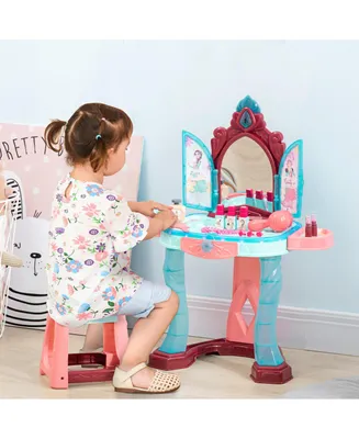 Qaba Kids Vanity Makeup Table Set with Chair and 31-Piece Collection, Mirror Princess Vanity Table with Self-Opening Magic Mirror, Music, Light, Imagi