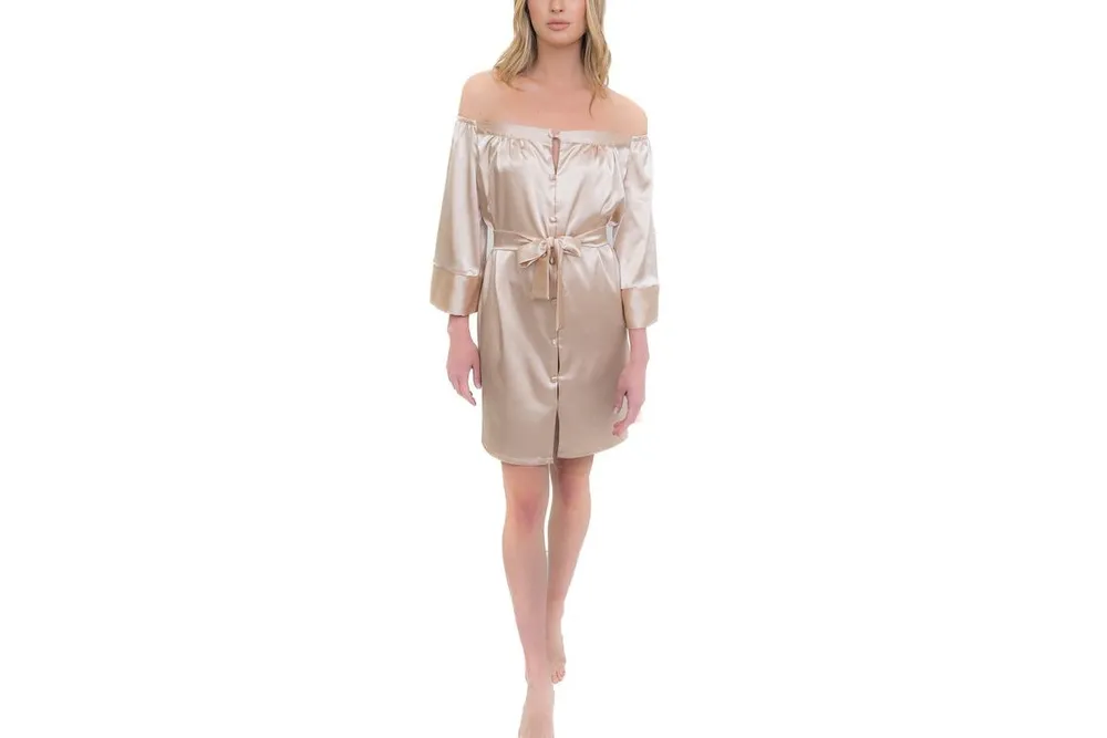 Le Laurier Bridal Women's Off-The-Shoulder Satin The Hair and Makeup Robe