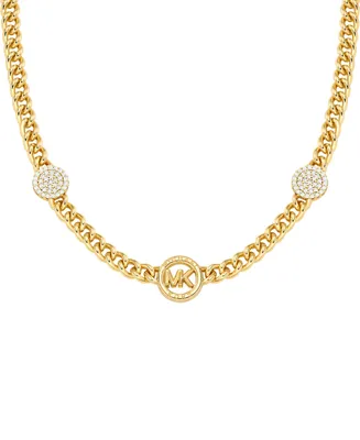 Michael Kors Brass Cubic Zirconia Pave Three Charm Chain Necklace 14K Gold-Plated