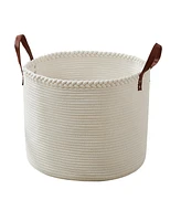 Extra Large Round Cotton Rope Storage Basket Laundry Hamper with Leather Handles