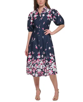 Tommy Hilfiger Women's Cotton Puff-Sleeve Floral Midi Dress