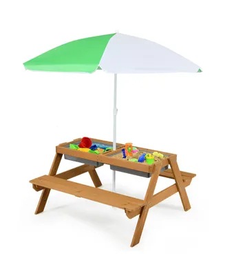 3-in-1 Kids Picnic Table Outdoor Water Sand Table w/ Umbrella Play Boxes