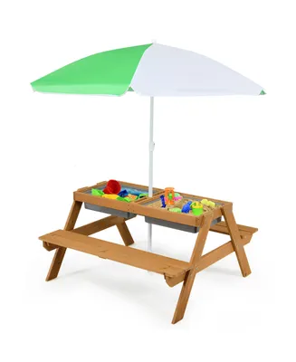 Costway 3-in-1 Kids Picnic Table Outdoor Water Sand Table w/ Umbrella Play Boxes