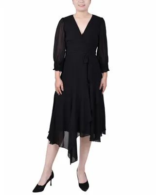 Ny Collection Petite 3/4 Sleeve Belted Chiffon Handkerchief Hem Dress