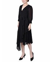 Ny Collection Petite 3/4 Sleeve Belted Chiffon Handkerchief Hem Dress