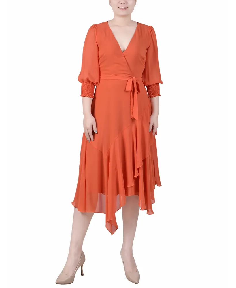 Ny Collection Petite 3/4 Sleeve Belted Chiffon Handkerchief Hem Dress
