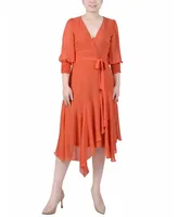 Ny Collection Petite 3/4 Sleeve Belted Chiffon Handkerchief Hem Dress