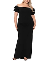 Xscape Plus Off-The-Shoulder Scuba-Crepe Gown