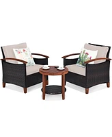 Costway 3PCS Patio Rattan Furniture Set Wooden Frame Cushion Table Shelf