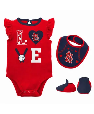 Newborn and Infant Boys Girls Red, Navy St. Louis Cardinals Three-Piece Love of Baseball Bib Bodysuit Booties Set