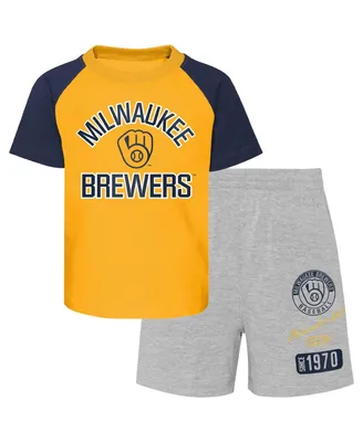 Toddler Boys and Girls Gold Heather Gray Milwaukee Brewers Two-Piece Groundout Baller Raglan T-shirt Shorts Set
