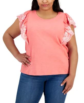 Tommy Hilfiger Plus Size Cotton Embroidered Flutter Sleeve Top