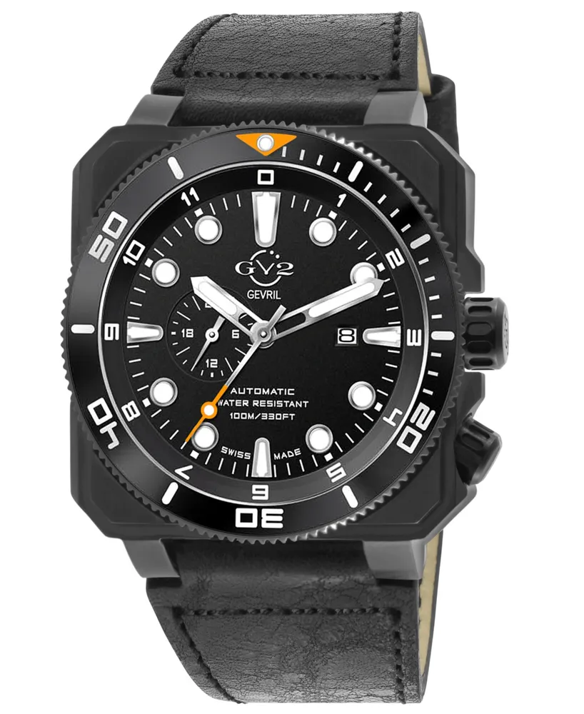 GV2 by Gevril Men's Xo Submarine Swiss Automatic Black Leather Watch 44mm