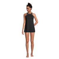 Lands' End Women's Long Chlorine Resistant High Neck Swim Dress One Piece Swimsuit