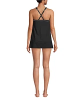 Lands' End Women's Long Chlorine Resistant High Neck Swim Dress One Piece Swimsuit