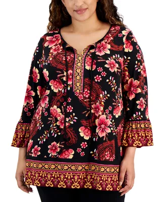 Jm Collection Plus Printed Embellished Tunic Top, Created for Macy's