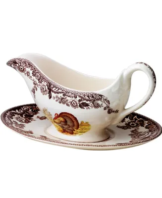 Spode "Woodland" Turkey Gravy Boat & Stand