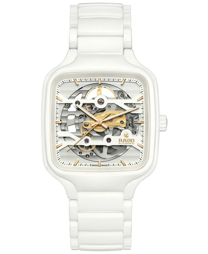 Rado Unisex Swiss Automatic True Square Skeleton White High-Tech Ceramic Bracelet Watch 38mm