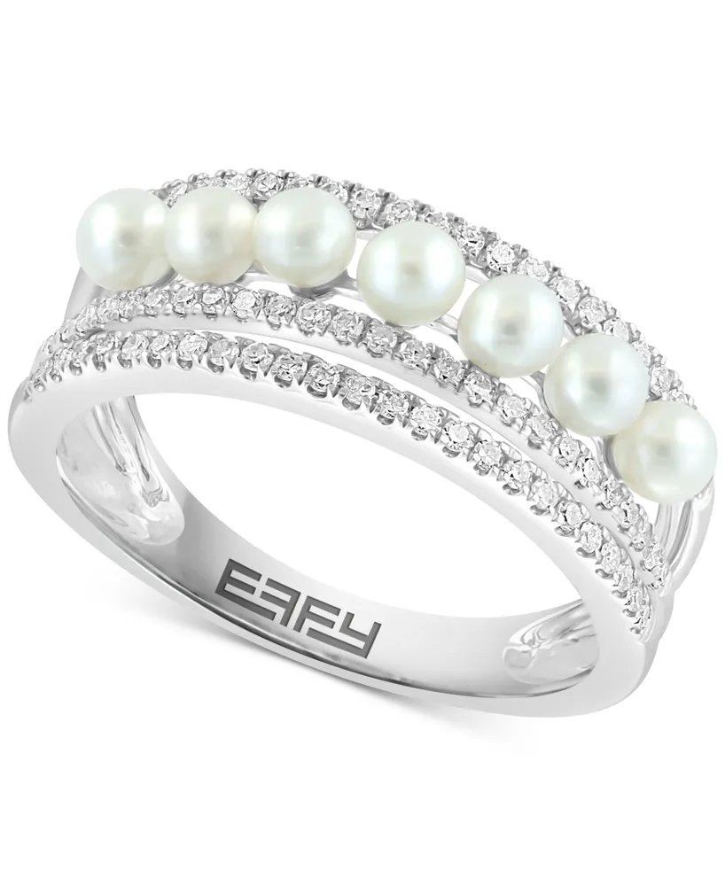 Effy Freshwater Pearl (3mm) & Diamond (1/3 ct. t.w.) Multirow Ring in 14k White Gold