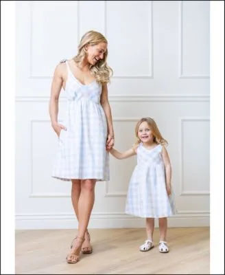Mommy Me Linen Bow Shoulder Dresses In Taupe Blue Check