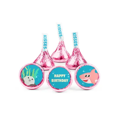 100ct Girl Shark Birthday Candy Party Favors Hershey's Kisses Milk Chocolate (100 Candies + 1 Sheet Stickers) Candy Included - Assembly Required