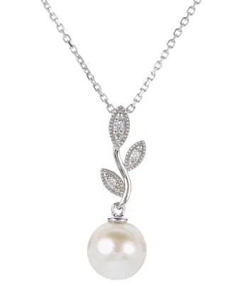 Cultured Freshwater Pearl (8mm) & Lab-Created White Sapphire (1/20 ct. t.w.) Vine 18" Pendant Necklace in Sterling Silver