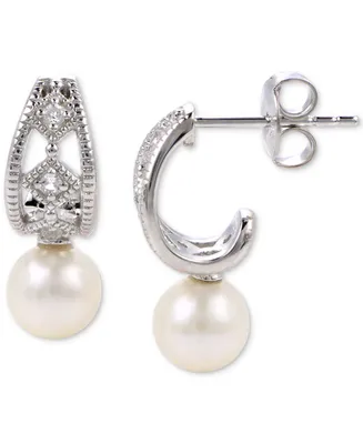 Cultured Freshwater Pearl (6mm) & Lab-Created White Sapphire (1/5 ct. t.w.) J-Hoop Earrings in Sterling Silver