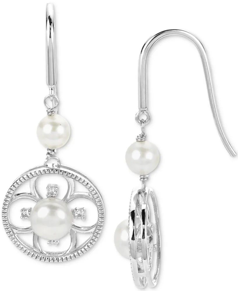 Cultured Freshwater Pearl (4-6mm) & Lab-Created White Sapphire (1/10 ct. t.w.) Flower Drop Earrings in Sterling Silver