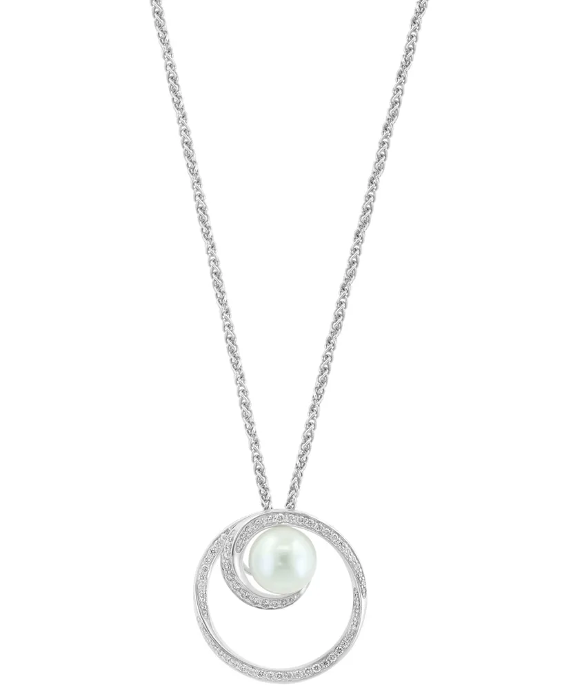 Effy Freshwater Pearl (8-1/2mm) & Diamond (1/3 ct. t.w.) Swirling Circle 18" Pendant Necklace in Sterling Silver