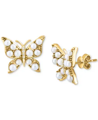 Effy Freshwater Pearl (2 - 2-1/2mm) & Diamond Accent Butterfly Stud Earrings in 14k Gold
