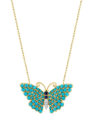 Effy Turquoise, Sapphire (1/10 ct. t.w.), & Diamond Accent Butterfly 16" Pendant Necklace in 14k Gold