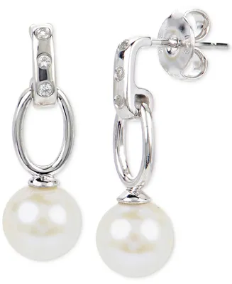 Cultured Freshwater Pearl (6 1/2mm) & Lab-Created White Sapphire Accent Drop Earrings in Sterling Silver
