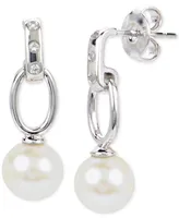 Cultured Freshwater Pearl (6 1/2mm) & Lab-Created White Sapphire Accent Drop Earrings in Sterling Silver