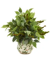 Nearly Natural Mixed Ficus, Fittonia and Berries Artificial Plant in Floral Vase