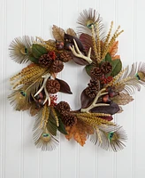 Nearly Natural 27" Magnolia Leaf, Berry, Antler & Peacock Feather Artificial Wreath