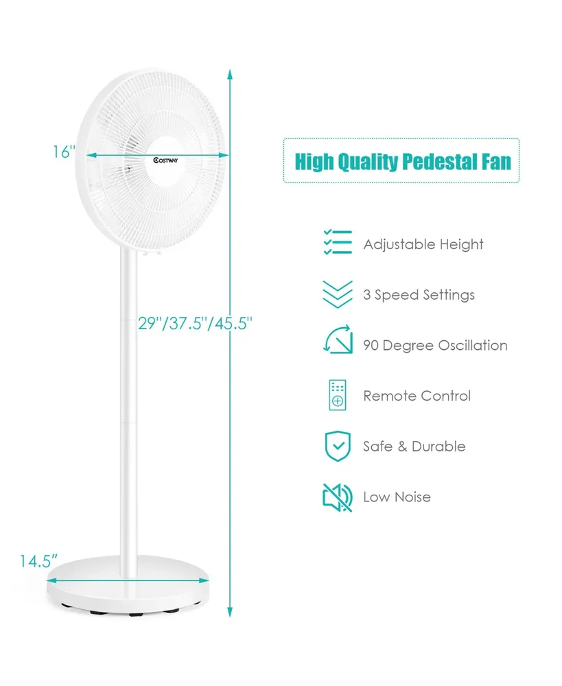 16'' Oscillating Pedestal Fan 3-Speed Adjustable Height w/ Remote Control