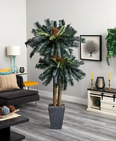 Nearly Natural 6' Double Sago Palm Artificial Tree in Slate-Finish Planter