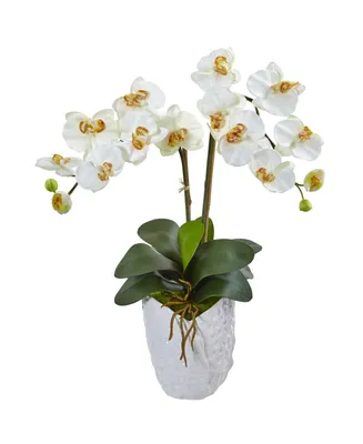 Nearly Natural Double Phalaenopsis Orchid Artificial Arrangement in White Ceramic Vase