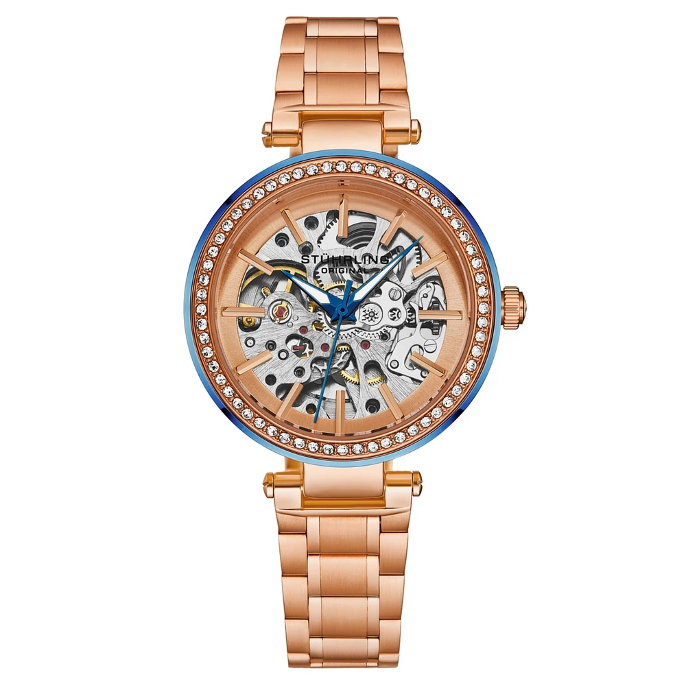 Stuhrling Women's Automatic Alloy Rose Case, Skeleton Dial, Rose Ss Link Bracelet Watch Crystal Studded Blue Bezel, Blue hands - Rose