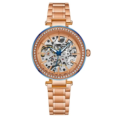 Stuhrling Women's Automatic Alloy Rose Case, Skeleton Dial, Rose Ss Link Bracelet Watch Crystal Studded Blue Bezel, Blue hands - Rose