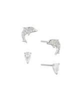 Ava Nadri Rhodium Cubic Zirconia Dolphin Style and Pear Shaped Stud Earrings Set of Two Pair