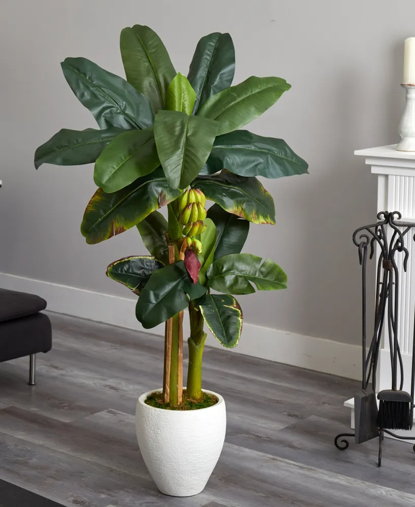 Nearly Natural 5' Banana Double-Stalk Artificial Tree in White Planter