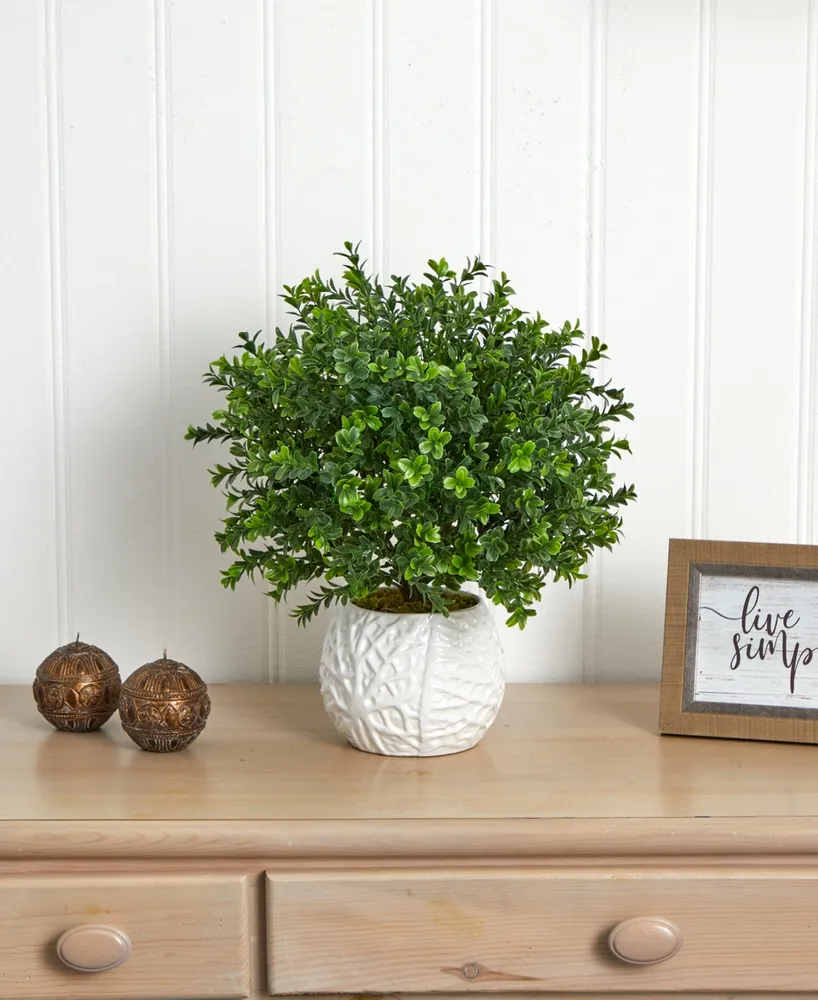 Nearly Natural Boxwood Evergreen Indoor/Outdoor Artificial Plant in White Vase